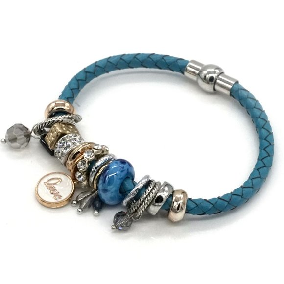 My Bead Emporium Jewelry - Bracelet Blue Leatherette Assorted  Euro Charms Magnetic Silver Clasp.